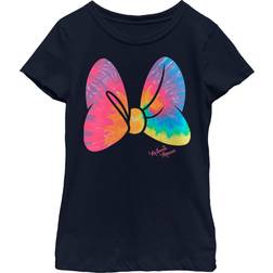 Disney Girl Minnie Mouse Tie-Dye Rainbow Pattern Bow Graphic Tee Navy Blue