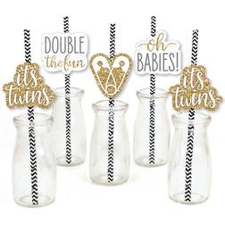 Big Dot of Happiness It's Twins Paper Straw Decor Gold Twins Baby Shower Striped Decorative Straws Set of 24 Gold