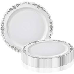 7.5" White with Silver Vintage Rim Round Disposable Plastic Appetizer/Salad Plates 120 Plates White with Silver
