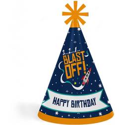 Blast Off to Outer Space Cone Happy Birthday Party Hats 8 Ct Standard Size Blue