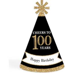 Adult 100th Birthday Gold Cone Birthday Party Hats Set of 8 Standard Size Black