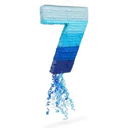 Number 7 Pull String Pinata for Boys 7th Birthday Party, Ombre Blue 16.5 x 11.35 In