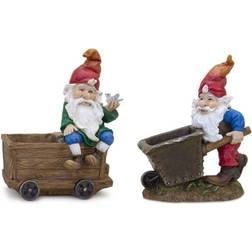 Melrose Multicolour Resin Gnome with Wheelbarrow and Wagon Decorative Object, Set of Two