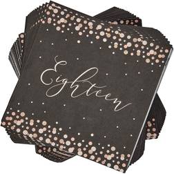 Sparkle and Bash 18th Birthday Napkins with Rose Gold Polka Dots 6.5 x 6.5 In, Black, 100 Pack