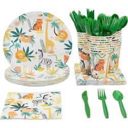 144 Piece Jungle Safari Theme Birthday Party Decorations, Zoo Animal Dinnerware Plates, Napkins, Cups, and Cutlery Serves 24