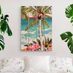 Holzbild Plankenoptik Palme mit pinken Blumen II
