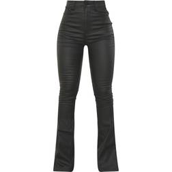 PrettyLittleThing Coated Denim Split Hem Flares Trousers - Black