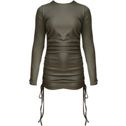 PrettyLittleThing Thick Rib Ruched Side Bodycon Dress - Khaki