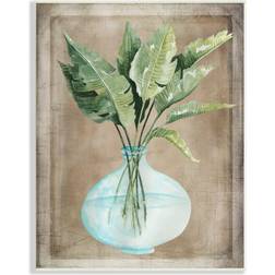 Stupell Industries Green Plant Leaves Glass Vase Rustic Border Painting Framed Art