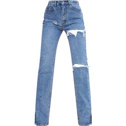 PrettyLittleThing Ripped Split Hem Jeans - Mid Blue Wash