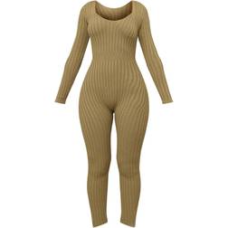 PrettyLittleThing Long Sleeve Knitted Jumpsuit - Olive