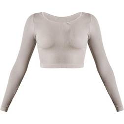 PrettyLittleThing Structured Contour Ribbed Round Neck Long Sleeve Crop Top - Stone