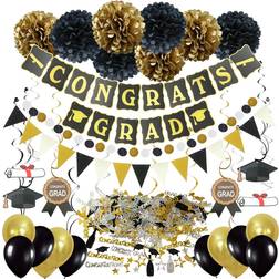 Graduation decorations, black and gold congrats grad banner paper pompom hanging