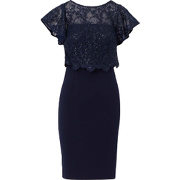 Adrianna Papell Sequined Guipure Lase Popover Stretch Knit Crepe Short Sheath Dress - Navy