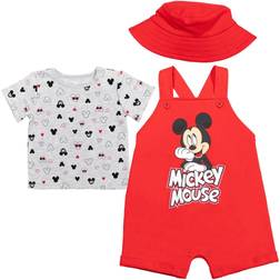 Disney Mouse Baby Boys French Terry Shortalls T-Shirt Hat Set Red Months