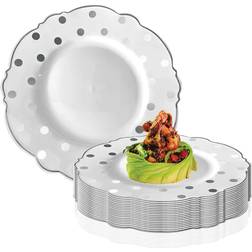 Smarty 7.5 White with Silver Dots Round Blossom Disposable Plastic Salad Plates 120ct