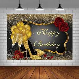 Happy birthday backdrop glitter gold red rose floral golden balloons heels ch
