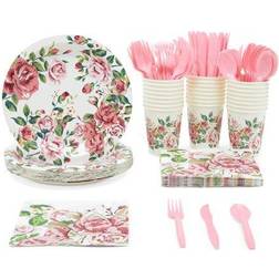 Floral tea party supplies, flower plates, napkins, cups, and cutlery, serves 24