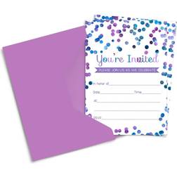 Purple confetti invitations with envelopes 15 pack invites for girls birthday