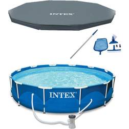 Intex 12' x 30" Metal Frame Above Ground Pool, Cover, & Maintenance Kit 55 Grey