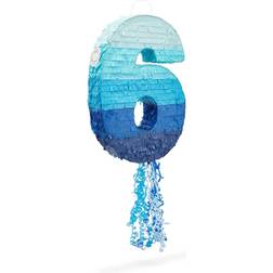 Number 6 Pull String Pinata for Boys 6th Birthday Party, Ombre Blue 16.5x11.3 In