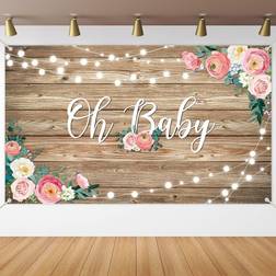 Rustic wood baby shower backdrop banner oh baby floral baby shower decoration