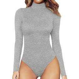 Mangopop Women's Mock Turtle Neck Long Sleeve Tops Bodysuit - Light Heather Grey