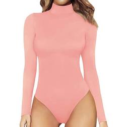 Mangopop Women's Mock Turtle Neck Long Sleeve Tops Bodysuit - Pink