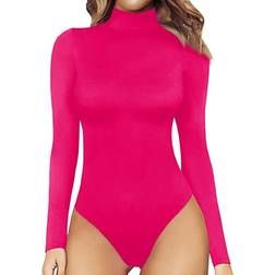 Mangopop Women's Mock Turtle Neck Long Sleeve Tops Bodysuit - Rose Pink