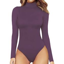 Mangopop Women's Mock Turtle Neck Long Sleeve Tops Bodysuit - Lavender