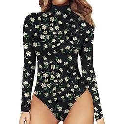 Mangopop Women's Mock Turtle Neck Long Sleeve Tops Bodysuit - Little Daisy