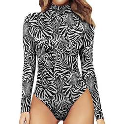 Mangopop Women's Mock Turtle Neck Long Sleeve Tops Bodysuit - Zebra