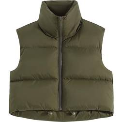 Fuinloth Women's High Stand Collar Lightweight Zip Crop Puffer Gilet - Army Green