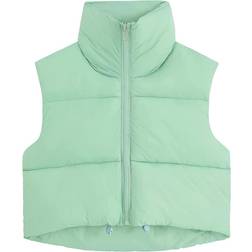 Fuinloth Women's High Stand Collar Lightweight Zip Crop Puffer Gilet - Grayish Green