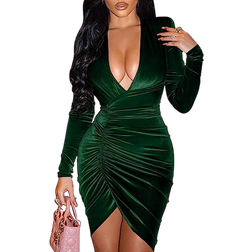 YMDUCH Sexy Long Sleeve V Neck Ruched Bodycon Wrap Cocktail Club Mini Dress - DarkGreen