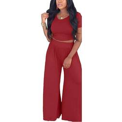 BffBaby Backless Short Sleeve Crop Top High Waist Wide Leg Long Pant Set - Red