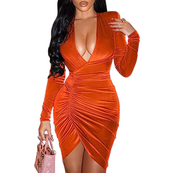 YMDUCH Sexy Long Sleeve V Neck Ruched Bodycon Wrap Cocktail Club Mini Dress - Orange