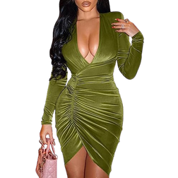 YMDUCH Sexy Long Sleeve V Neck Ruched Bodycon Wrap Cocktail Club Mini Dress - Grass Green