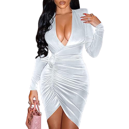 YMDUCH Sexy Long Sleeve V Neck Ruched Bodycon Wrap Cocktail Club Mini Dress - White