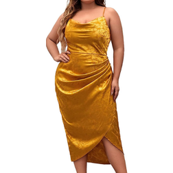 Floerns Women's Satin Spaghetti Strap Cowl Neck Wrap Party Cami Dress Plus Size - Jacquard Gold