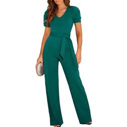 Blencot Women's Short Sleeve V-Neck Belted Wide Leg Formal Jumpsuit - Peacock Blue