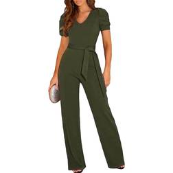 Blencot Women's Short Sleeve V-Neck Belted Wide Leg Formal Jumpsuit - Green