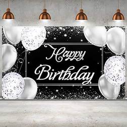 Happy birthday backdrop banner black & silver photography background party sign