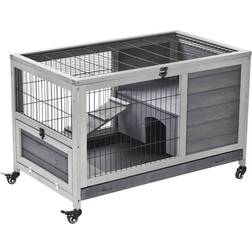 Pawhut Wooden Rabbit Hutch Indoor Elevated Cage Habitat with No Leak Tray Enclosed Run with Wheels, Ideal Guinea