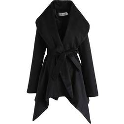 Chicwish Women's Turn Down Shawl Collar Wool Coat - Black