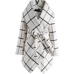 Chicwish Women's Turn Down Shawl Collar Wool Coat - Grid Off-White