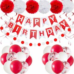 White ANSOMO Red and Happy Birthday Party Decorations Banner 30 Pcs Balloons