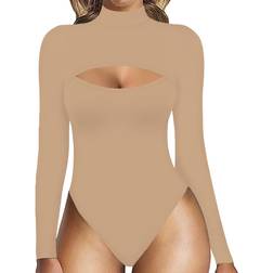 Mangopop Womens Sexy Cutout Front T-shirt Long Sleeve Short Sleeve Bodysuit Jumpsuits - Mocha