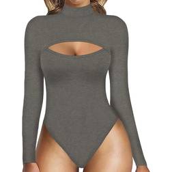 Mangopop Womens Sexy Cutout Front T-shirt Long Sleeve Short Sleeve Bodysuit Jumpsuits - Dark Heather Grey