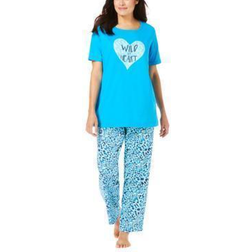 Dreams & Co Women's Graphic Tee PJ Set Plus Size - Pool Blue Animal Hearts